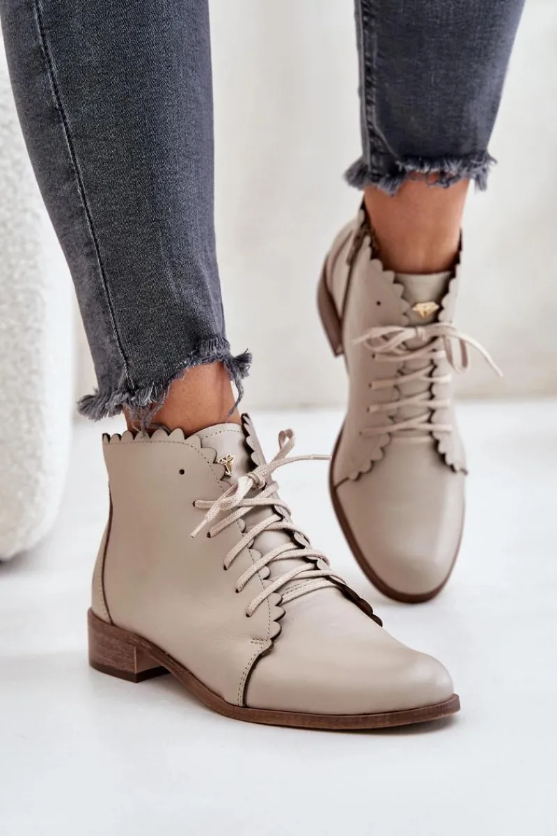 Botki Sznurowane|Botki Płaskie>Zazoo 2964 Skórzane Botki Na Płaskim Obcasie Beżowe