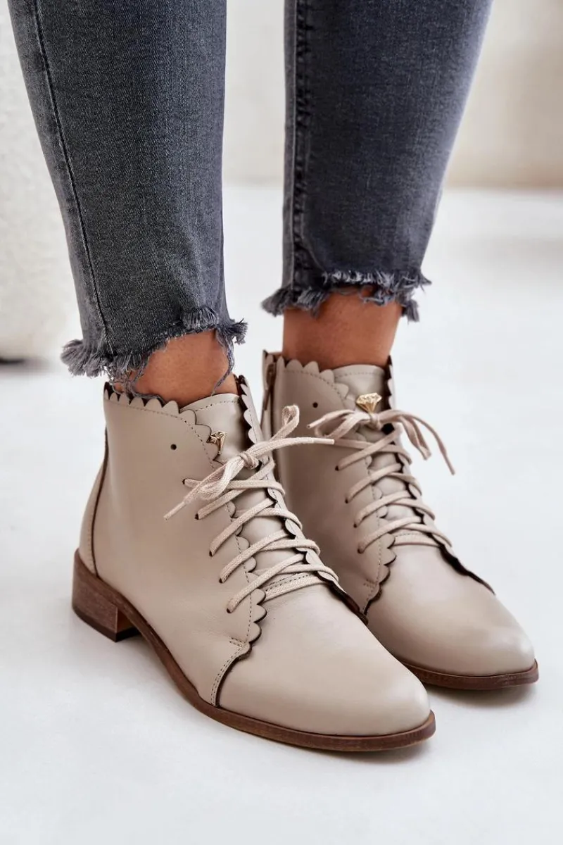 Botki Sznurowane|Botki Płaskie>Zazoo 2964 Skórzane Botki Na Płaskim Obcasie Beżowe