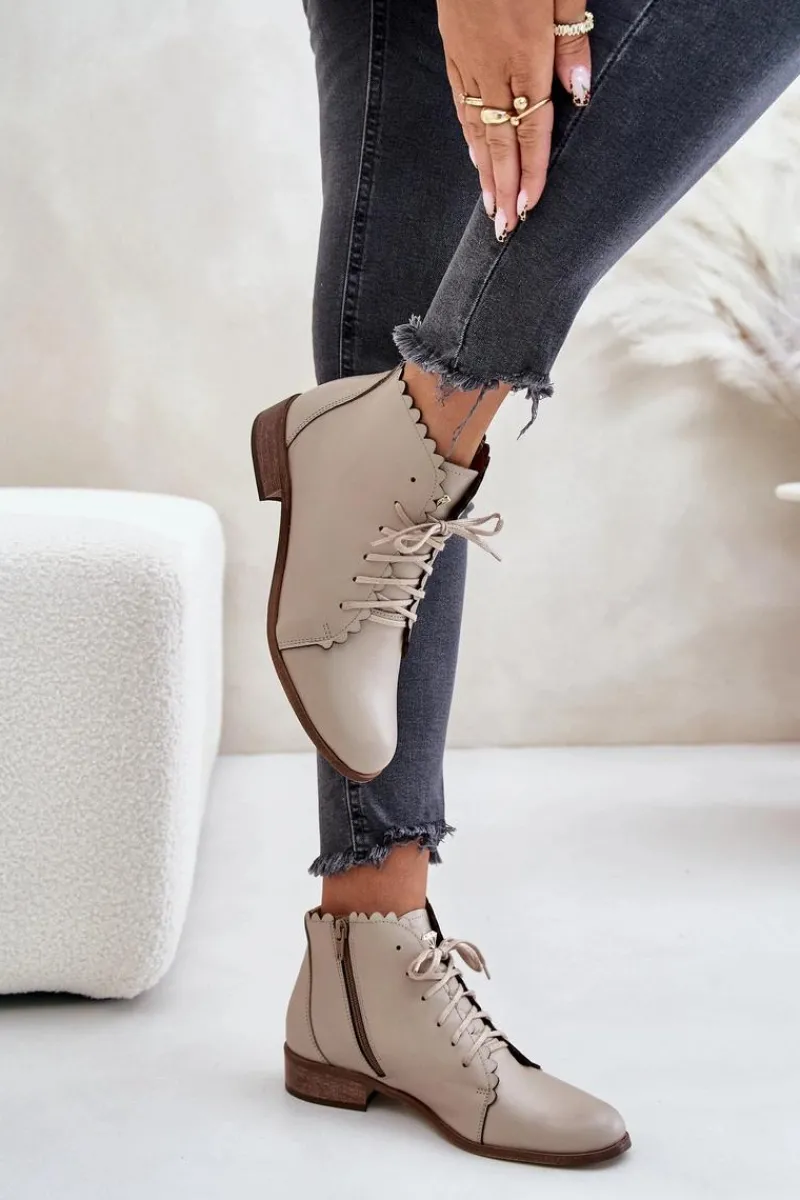 Botki Sznurowane|Botki Płaskie>Zazoo 2964 Skórzane Botki Na Płaskim Obcasie Beżowe