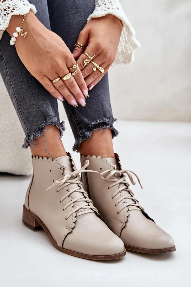 Botki Sznurowane|Botki Płaskie>Zazoo 2964 Skórzane Botki Na Płaskim Obcasie Beżowe