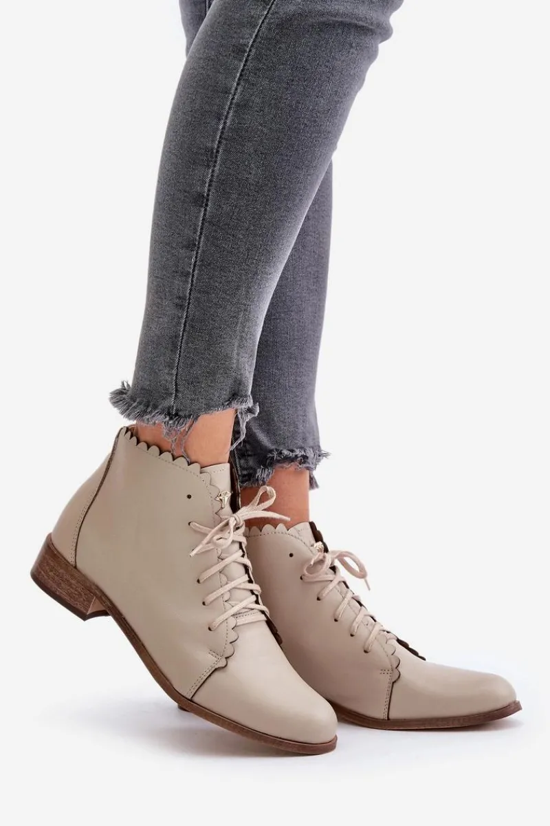 Botki Sznurowane|Botki Płaskie>Zazoo 2964 Skórzane Botki Na Płaskim Obcasie Beżowe