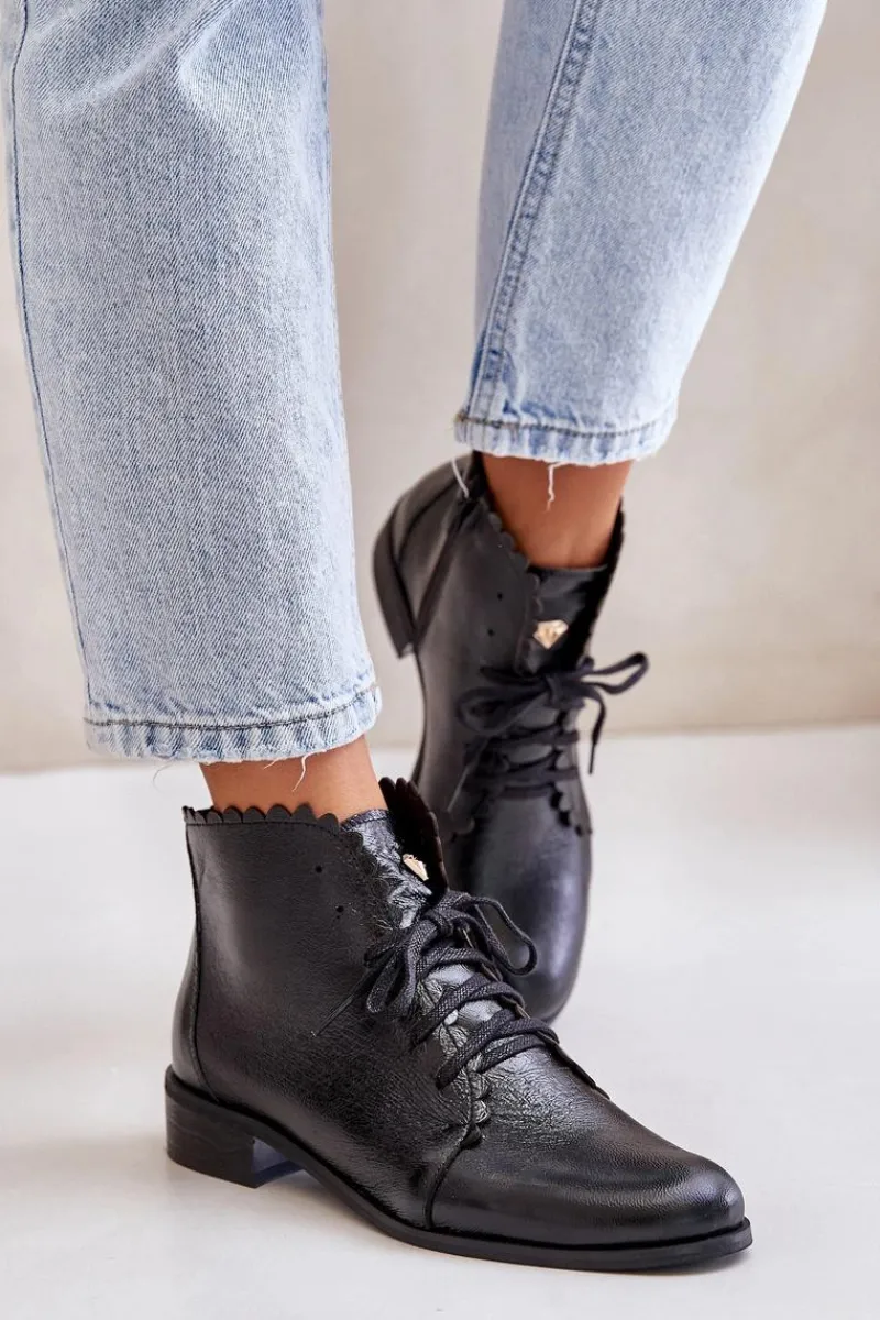 Online Zazoo 2964 Skórzane Botki Na Płaskim Obcasie Czarne Czarny