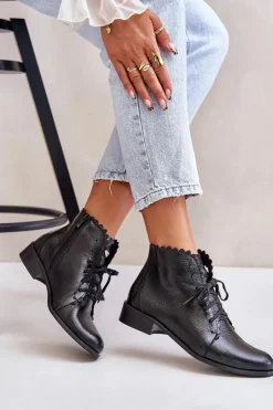 Online Zazoo 2964 Skórzane Botki Na Płaskim Obcasie Czarne Czarny