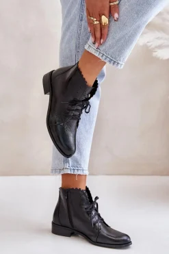 Online Zazoo 2964 Skórzane Botki Na Płaskim Obcasie Czarne Czarny