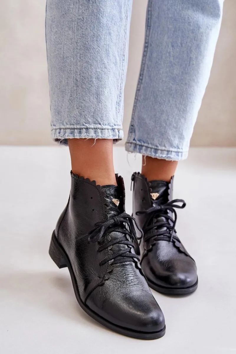 Online Zazoo 2964 Skórzane Botki Na Płaskim Obcasie Czarne Czarny