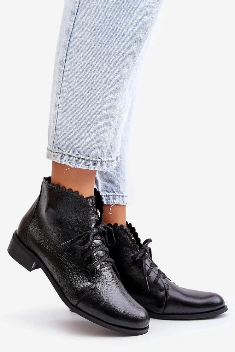 Online Zazoo 2964 Skórzane Botki Na Płaskim Obcasie Czarne Czarny