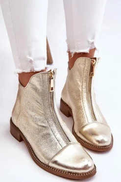 Clearance 2785 Skórzane Botki Na Suwak Złote Damskie Botki Wiosenne|Czarne Botki