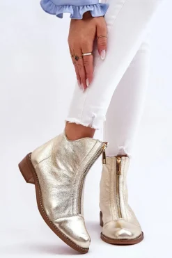 Clearance 2785 Skórzane Botki Na Suwak Złote Damskie Botki Wiosenne|Czarne Botki