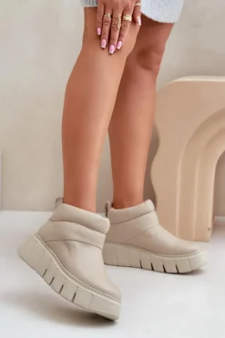 Botki Ocieplane|Botki Skórzane>Zazoo 60470 Skórzane Botki Ocieplane Wełną Na Platformie Jasnobeżowe