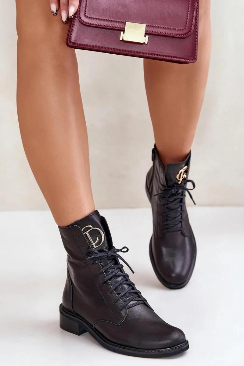 2955 Skórzane Botki Workery Ze Złotym Detalem Na Języku Czarne Damskie Botki Sznurowane|Botki Płaskie