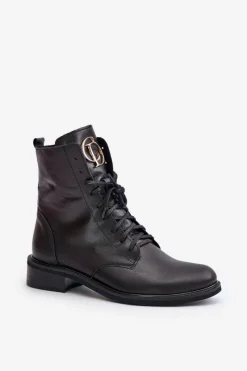 2955 Skórzane Botki Workery Ze Złotym Detalem Na Języku Czarne Damskie Botki Sznurowane|Botki Płaskie