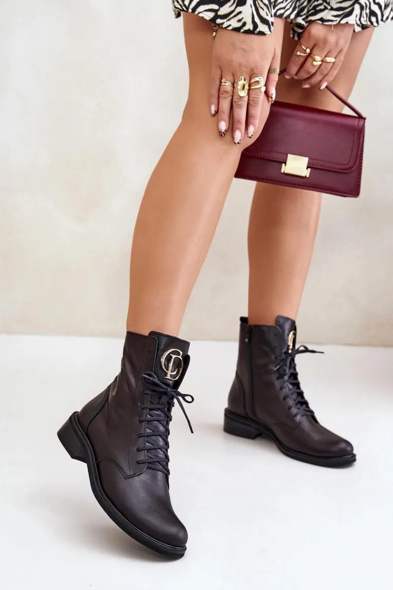 2955 Skórzane Botki Workery Ze Złotym Detalem Na Języku Czarne Damskie Botki Sznurowane|Botki Płaskie