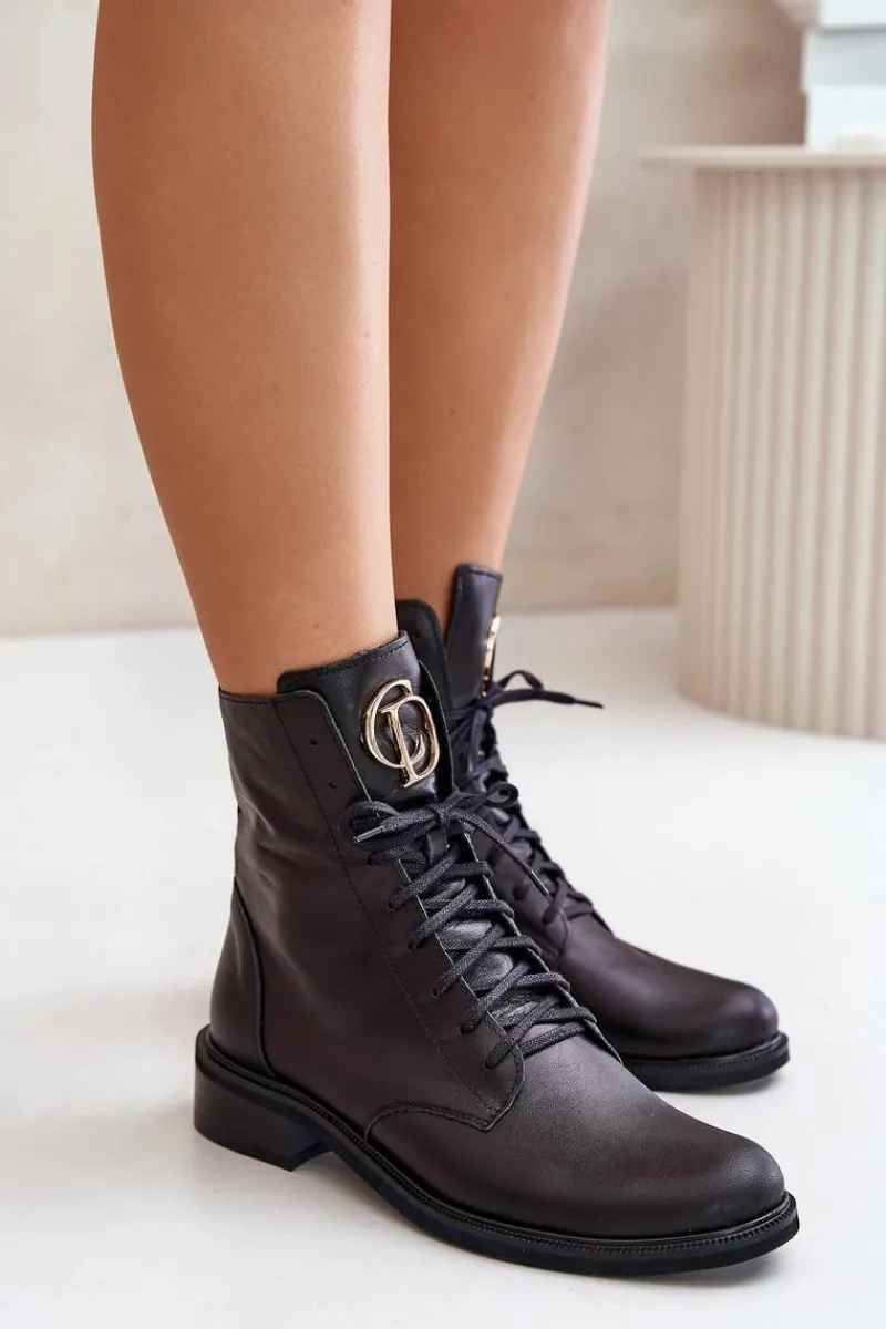 2955 Skórzane Botki Workery Ze Złotym Detalem Na Języku Czarne Damskie Botki Sznurowane|Botki Płaskie