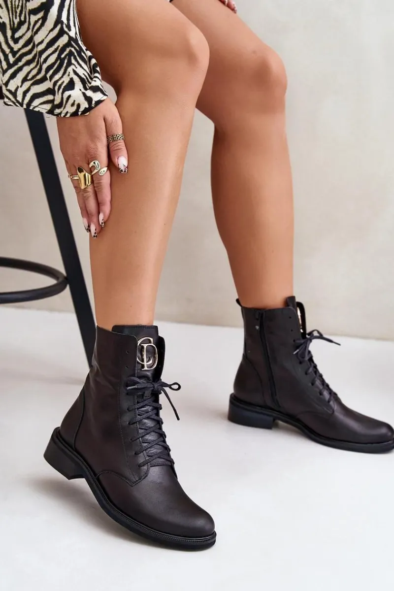 2955 Skórzane Botki Workery Ze Złotym Detalem Na Języku Czarne Damskie Botki Sznurowane|Botki Płaskie