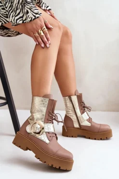 2942 Skórzane Botki Workery Ze Złotą Klamrą Beżowe Damskie Damskie Trapery|Brązowe I Beżowe Botki