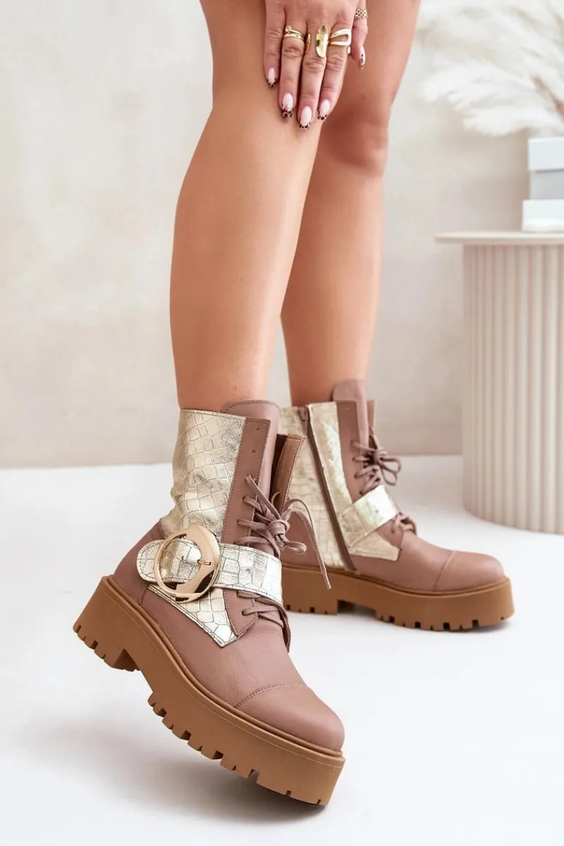 2942 Skórzane Botki Workery Ze Złotą Klamrą Beżowe Damskie Damskie Trapery|Brązowe I Beżowe Botki