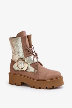 2942 Skórzane Botki Workery Ze Złotą Klamrą Beżowe Damskie Damskie Trapery|Brązowe I Beżowe Botki