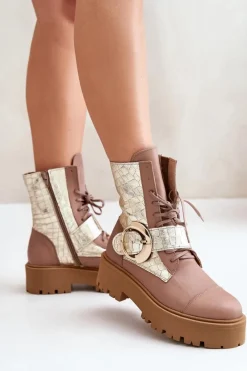 2942 Skórzane Botki Workery Ze Złotą Klamrą Beżowe Damskie Damskie Trapery|Brązowe I Beżowe Botki