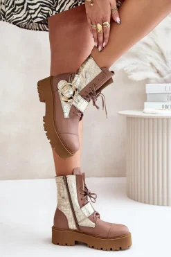 2942 Skórzane Botki Workery Ze Złotą Klamrą Beżowe Damskie Damskie Trapery|Brązowe I Beżowe Botki