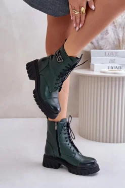 Clearance Zazoo 60486 Skórzane Botki Workery Ocieplane Ciemnozielone Zielony