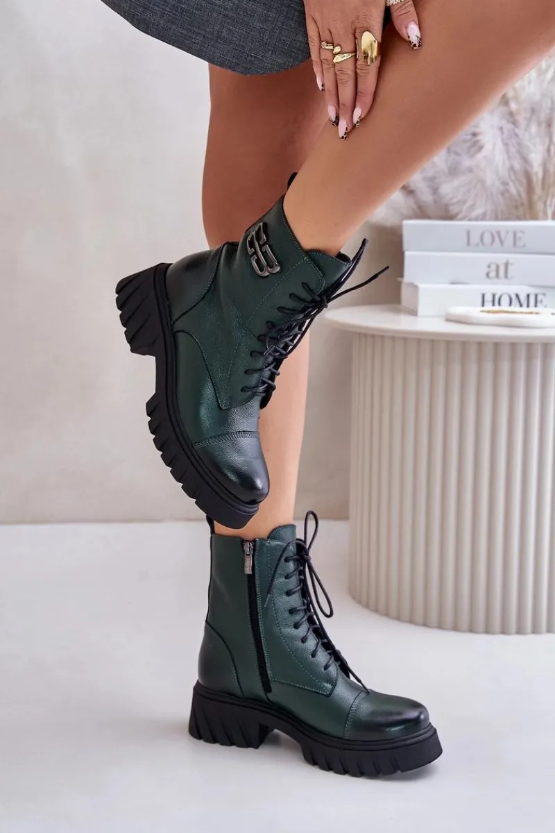 Clearance Zazoo 60486 Skórzane Botki Workery Ocieplane Ciemnozielone Zielony