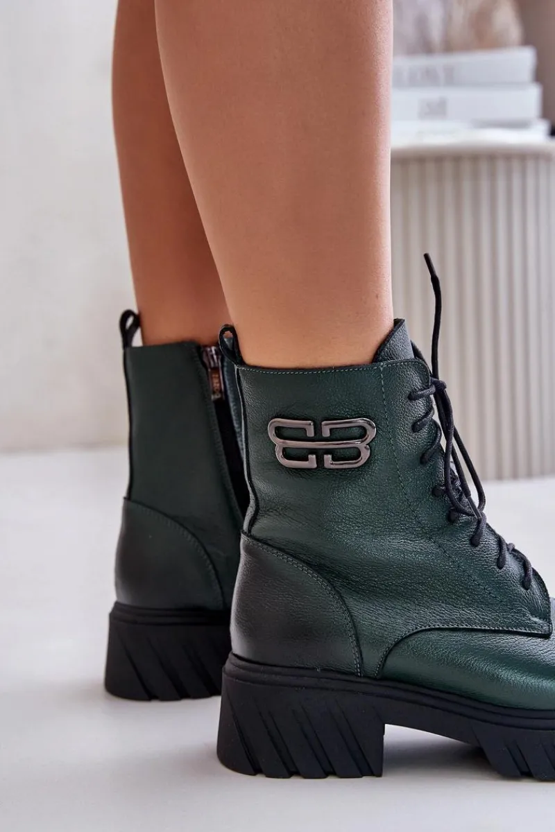 Clearance Zazoo 60486 Skórzane Botki Workery Ocieplane Ciemnozielone Zielony