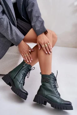 Clearance Zazoo 60486 Skórzane Botki Workery Ocieplane Ciemnozielone Zielony