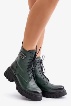 Clearance Zazoo 60486 Skórzane Botki Workery Ocieplane Ciemnozielone Zielony