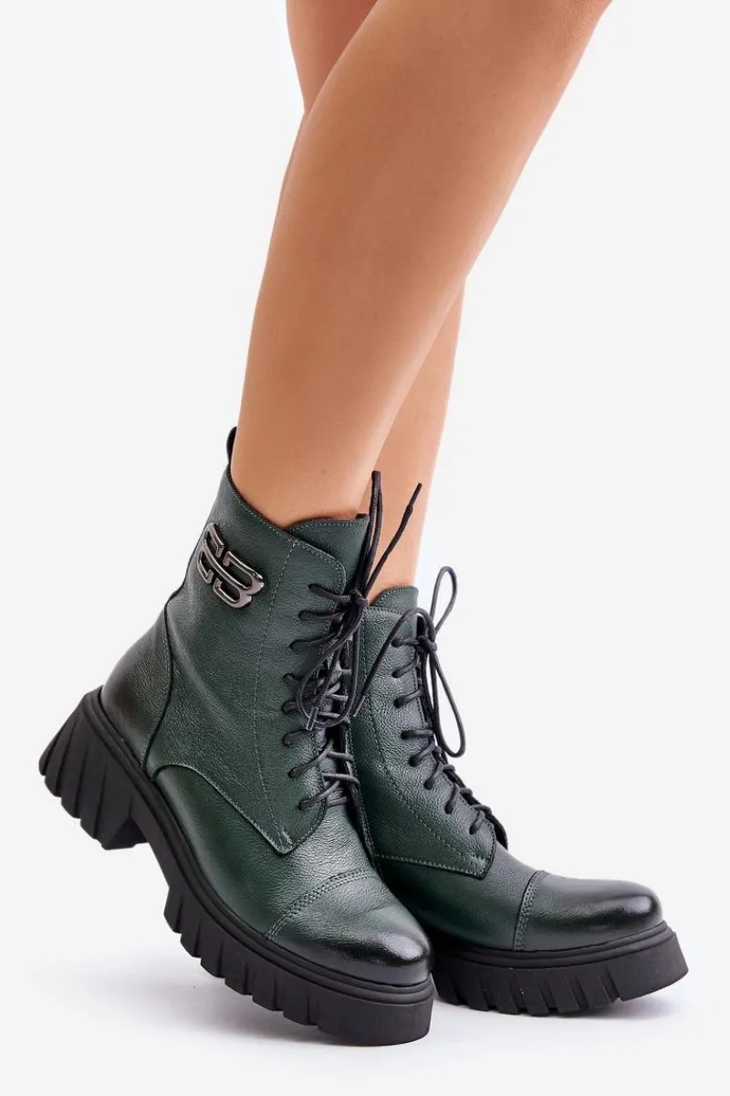 Clearance Zazoo 60486 Skórzane Botki Workery Ocieplane Ciemnozielone Zielony