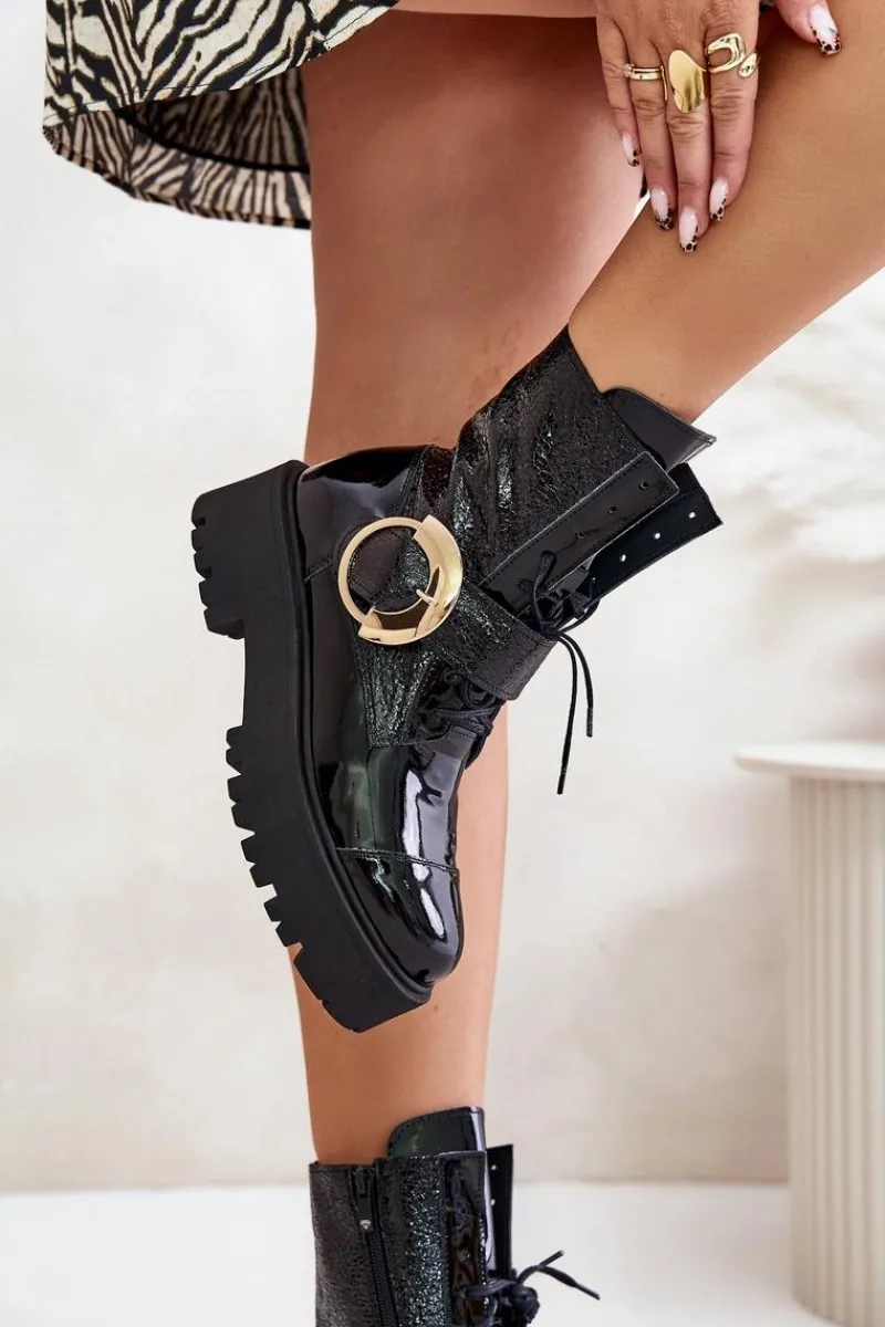 Damskie Trapery|Brązowe I Beżowe Botki>Zazoo 2942 Skórzane Botki Workery Ze Złotą Klamrą Czarne Czarny