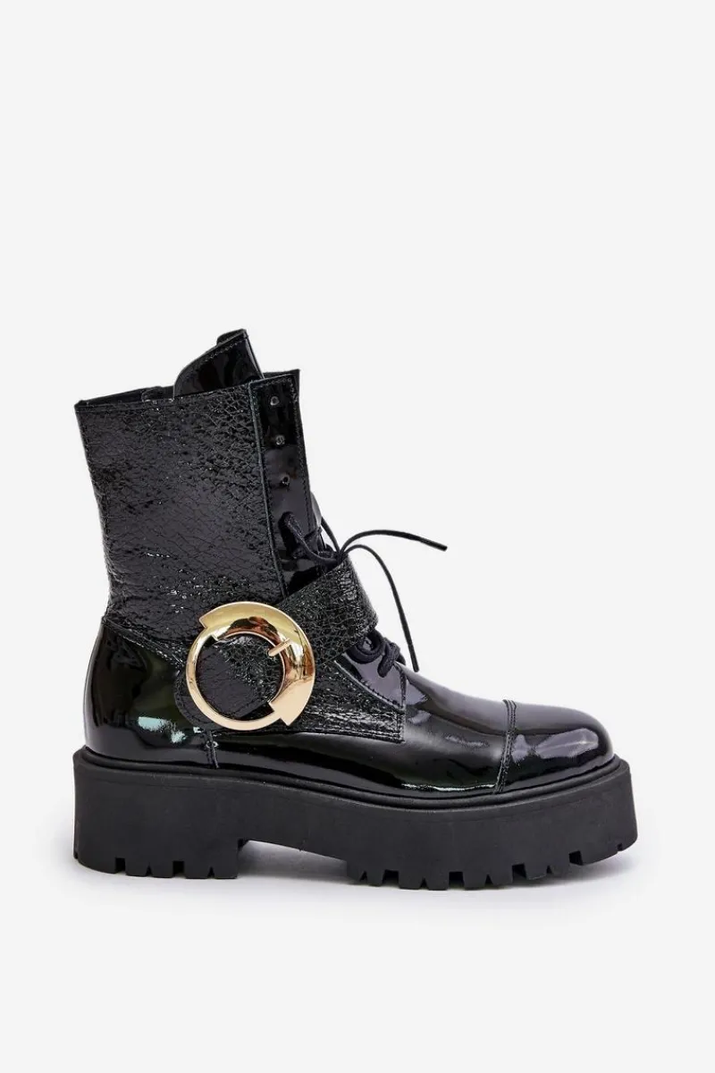 Damskie Trapery|Brązowe I Beżowe Botki>Zazoo 2942 Skórzane Botki Workery Ze Złotą Klamrą Czarne Czarny