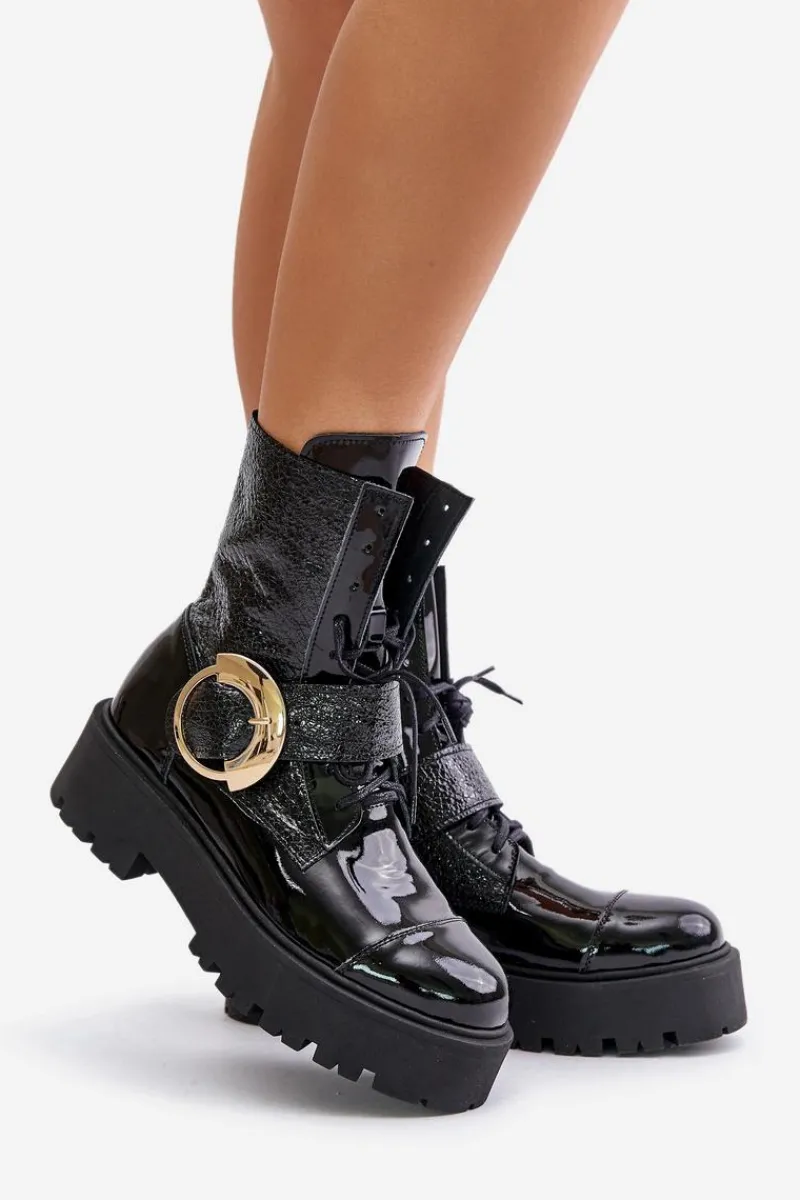 Damskie Trapery|Brązowe I Beżowe Botki>Zazoo 2942 Skórzane Botki Workery Ze Złotą Klamrą Czarne Czarny