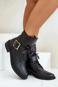 Botki Skórzane|Botki Sznurowane>Zazoo 2949 Skórzane Botki Z Klamrą Czarne Czarny