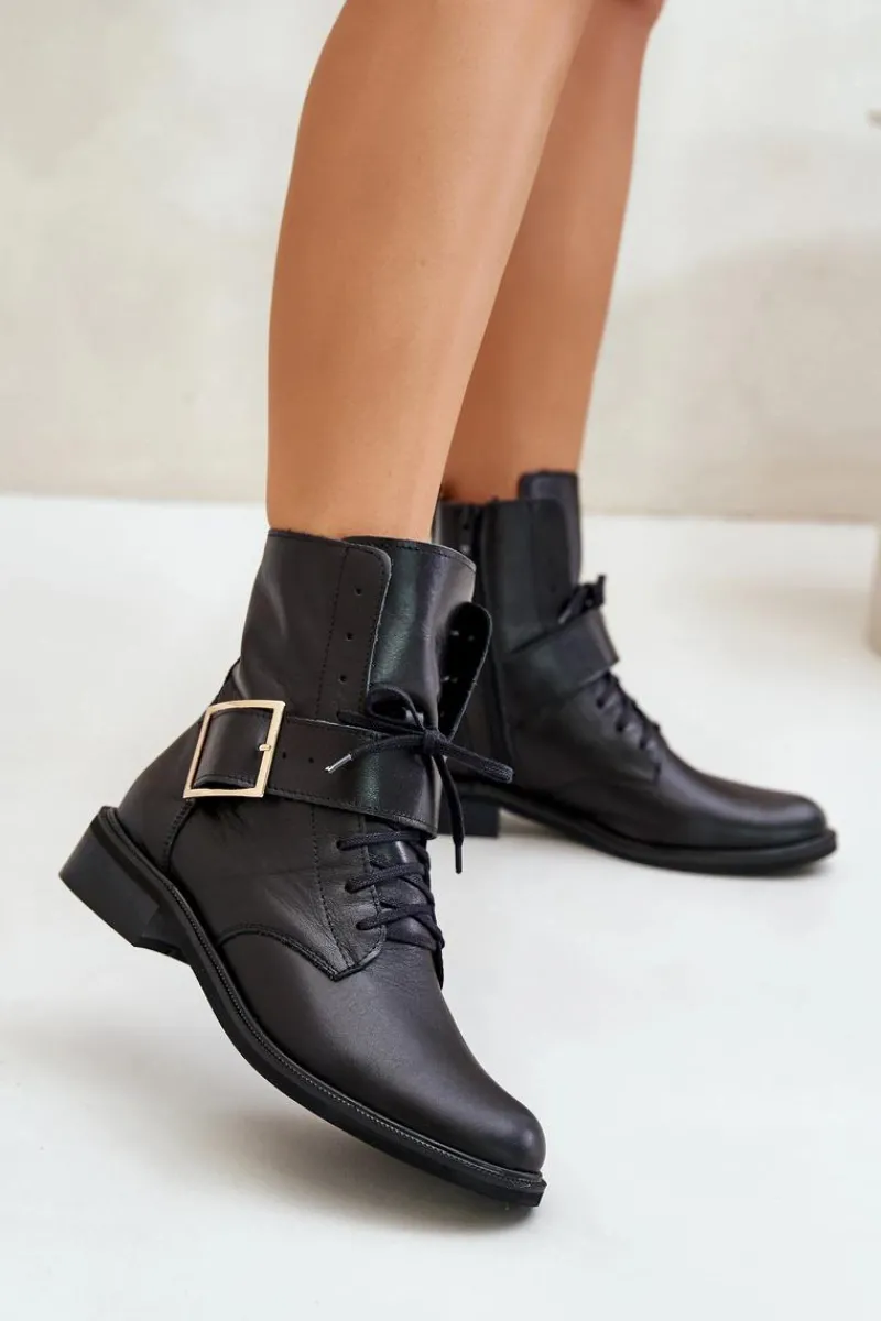 Botki Skórzane|Botki Sznurowane>Zazoo 2949 Skórzane Botki Z Klamrą Czarne Czarny