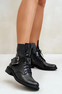 Hot 2949 Skórzane Botki Z Klamrą Czarne Damskie Botki Skórzane|Botki Sznurowane