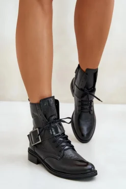 Hot 2949 Skórzane Botki Z Klamrą Czarne Damskie Botki Skórzane|Botki Sznurowane