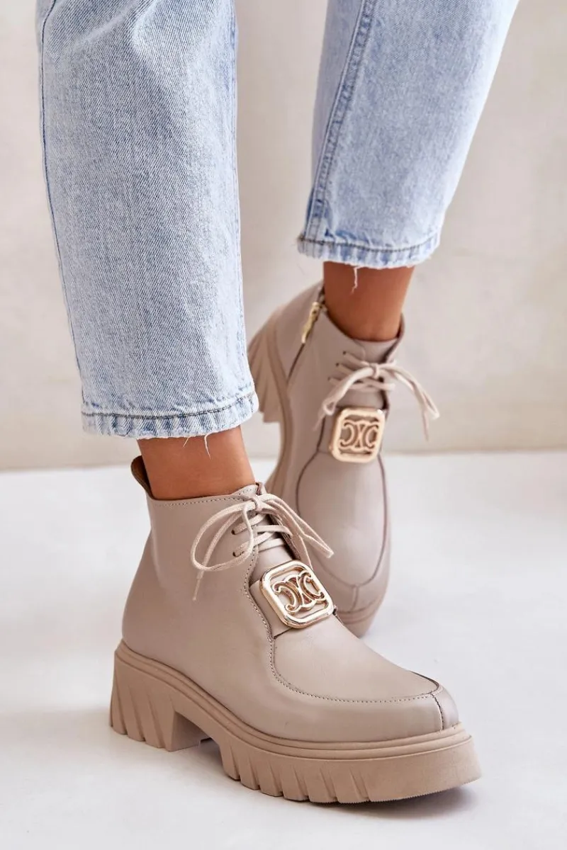 Botki Sznurowane|Botki Płaskie>Zazoo 2952 Skórzane Botki Ze Złotą Ozdobą Beżowe Beżowy