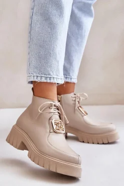 Botki Sznurowane|Botki Płaskie>Zazoo 2952 Skórzane Botki Ze Złotą Ozdobą Beżowe Beżowy