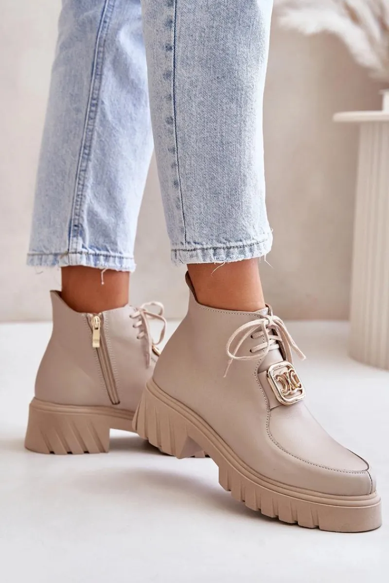 Botki Sznurowane|Botki Płaskie>Zazoo 2952 Skórzane Botki Ze Złotą Ozdobą Beżowe Beżowy