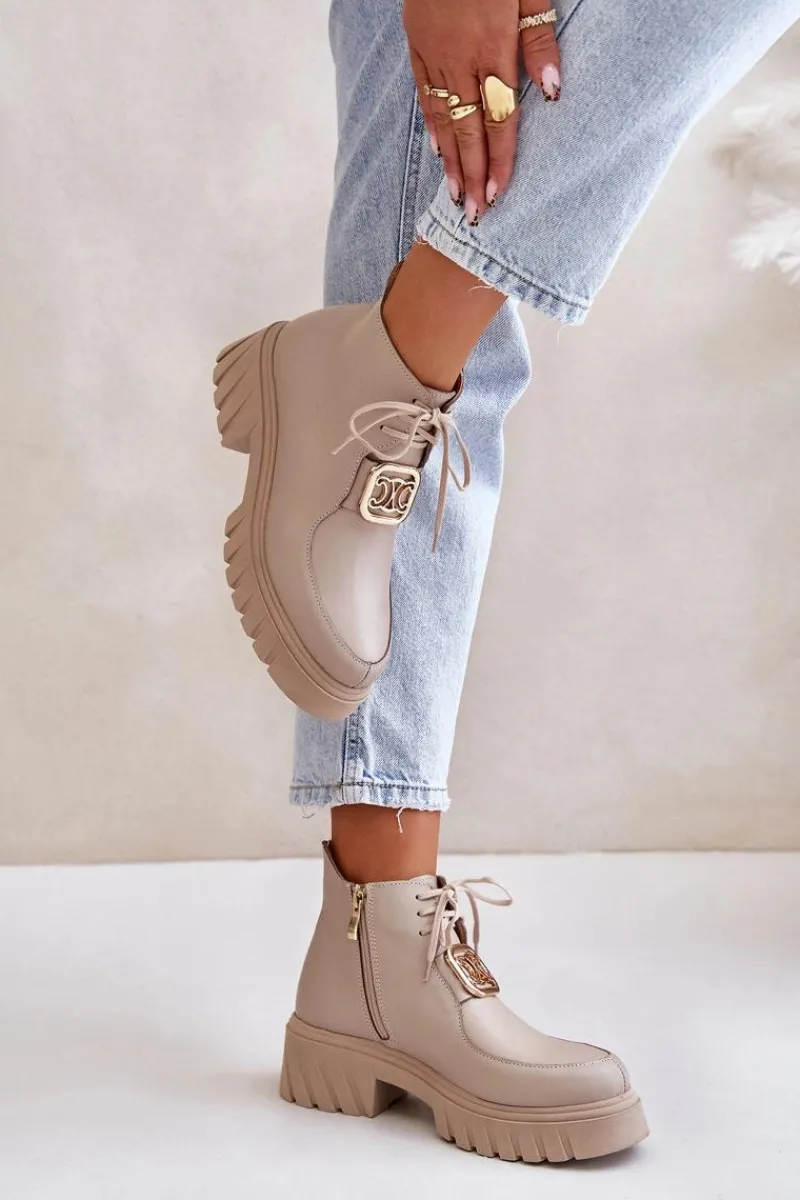 Botki Sznurowane|Botki Płaskie>Zazoo 2952 Skórzane Botki Ze Złotą Ozdobą Beżowe Beżowy