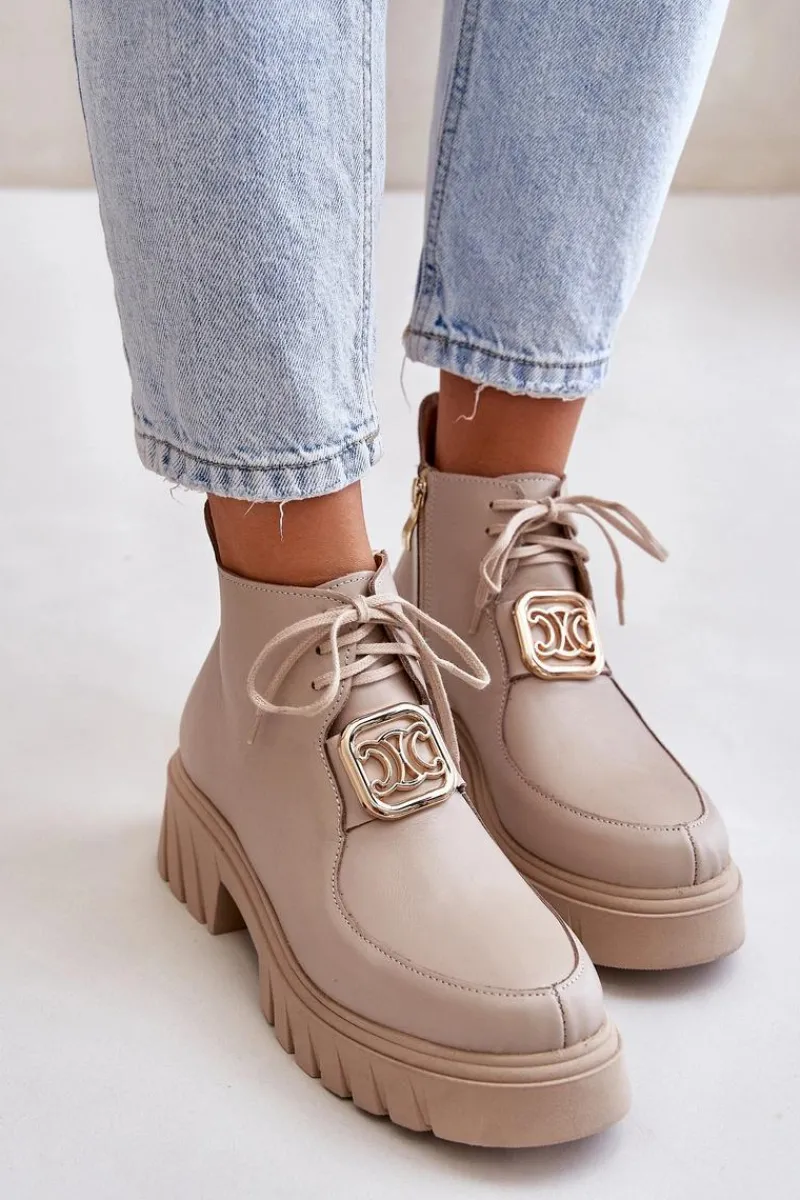 Botki Sznurowane|Botki Płaskie>Zazoo 2952 Skórzane Botki Ze Złotą Ozdobą Beżowe Beżowy