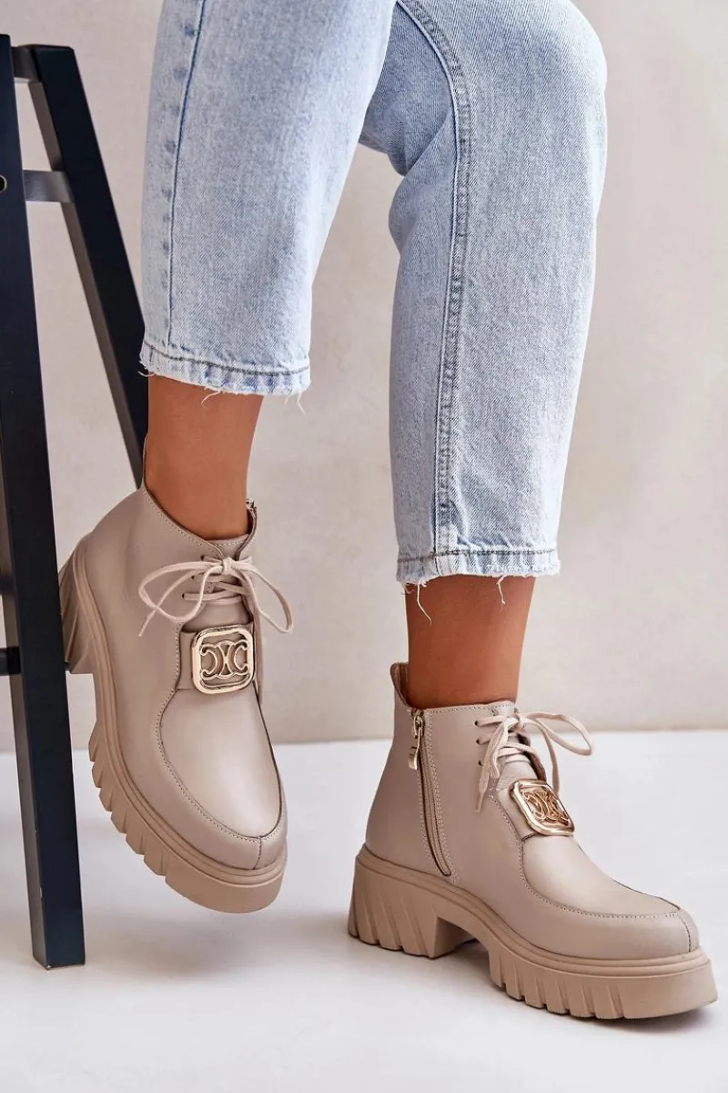 Botki Sznurowane|Botki Płaskie>Zazoo 2952 Skórzane Botki Ze Złotą Ozdobą Beżowe Beżowy