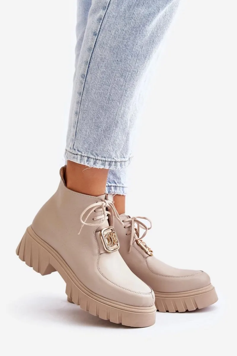 Botki Sznurowane|Botki Płaskie>Zazoo 2952 Skórzane Botki Ze Złotą Ozdobą Beżowe Beżowy