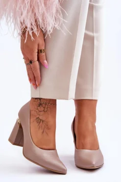 Best Zazoo 3117 Skórzane Czółenka Beżowe Damskie Czółenka Na Słupku|Czółenka Klasyczne