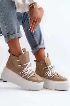 Sale Zazoo 3416 Skórzane Damskie Buty Sportowe Beżowe Beżowy