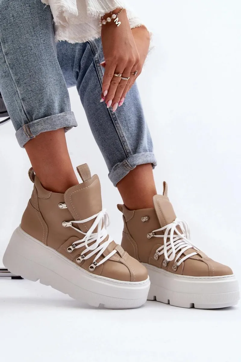 Sale Zazoo 3416 Skórzane Damskie Buty Sportowe Beżowe Beżowy