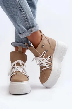 Sale Zazoo 3416 Skórzane Damskie Buty Sportowe Beżowe Beżowy