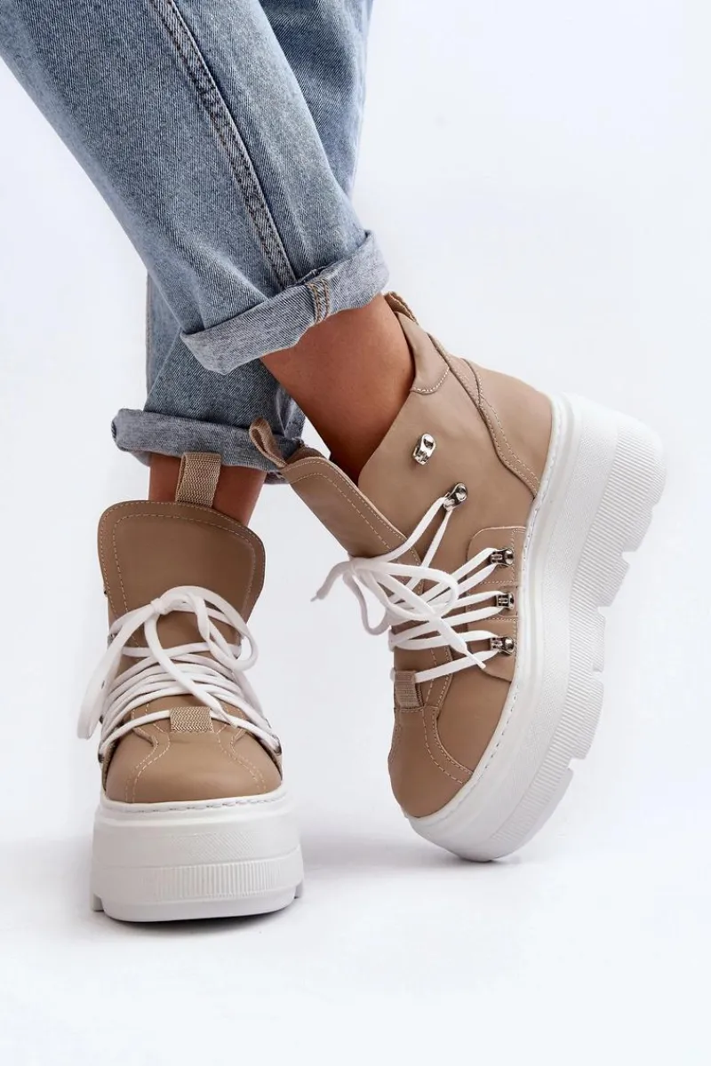 Sale Zazoo 3416 Skórzane Damskie Buty Sportowe Beżowe Beżowy