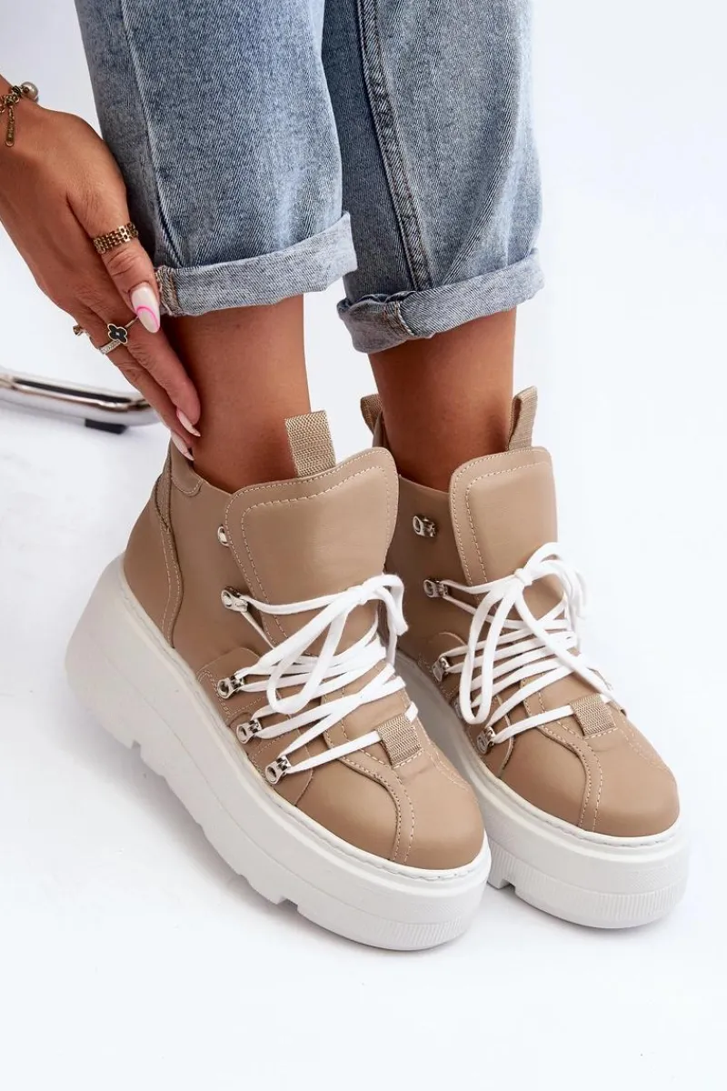 Sale Zazoo 3416 Skórzane Damskie Buty Sportowe Beżowe Beżowy