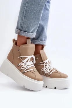 Sale Zazoo 3416 Skórzane Damskie Buty Sportowe Beżowe Beżowy